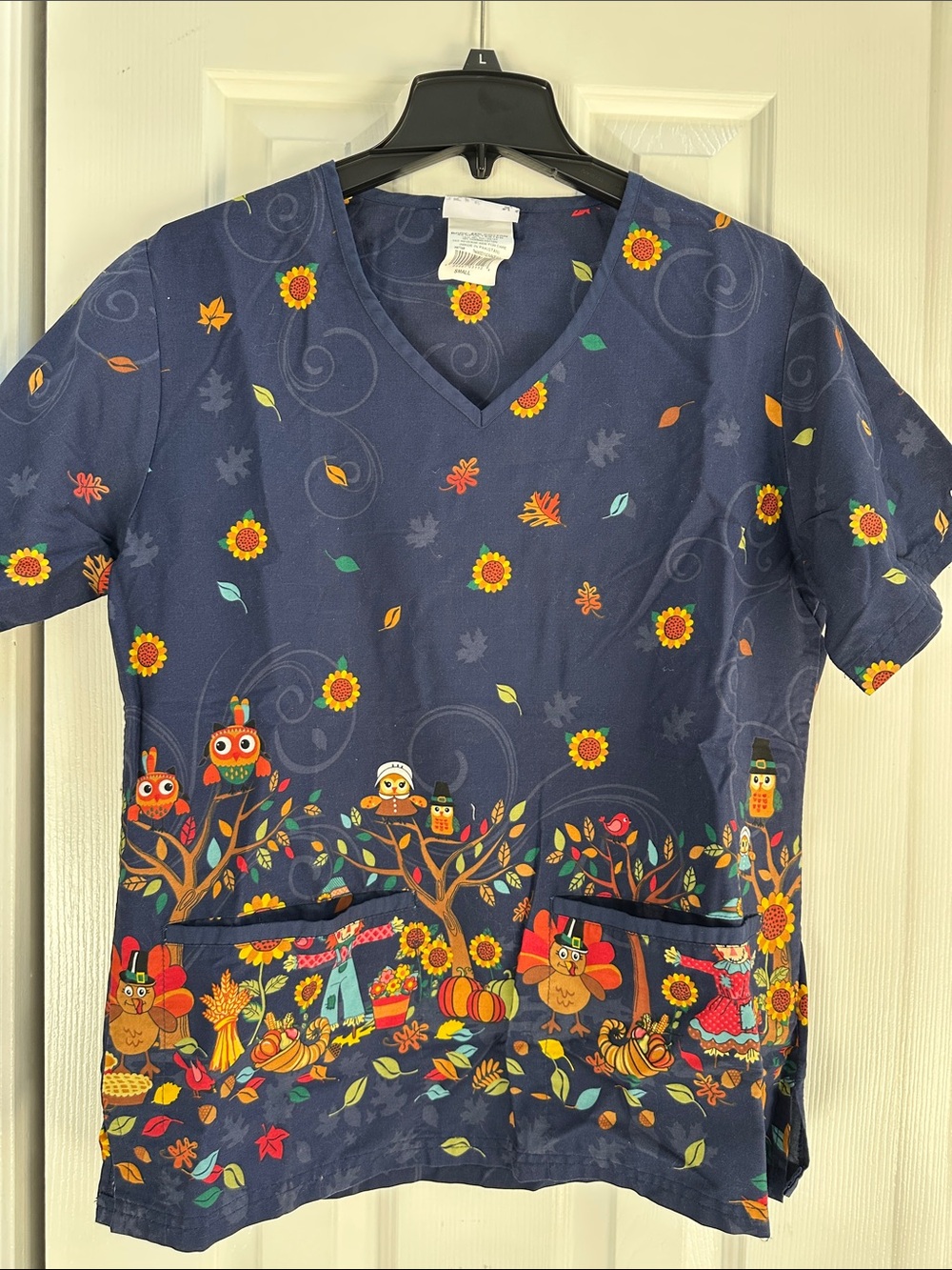 Womens Navy Pumpkin & Owl Print Scrubs V-Neck Top